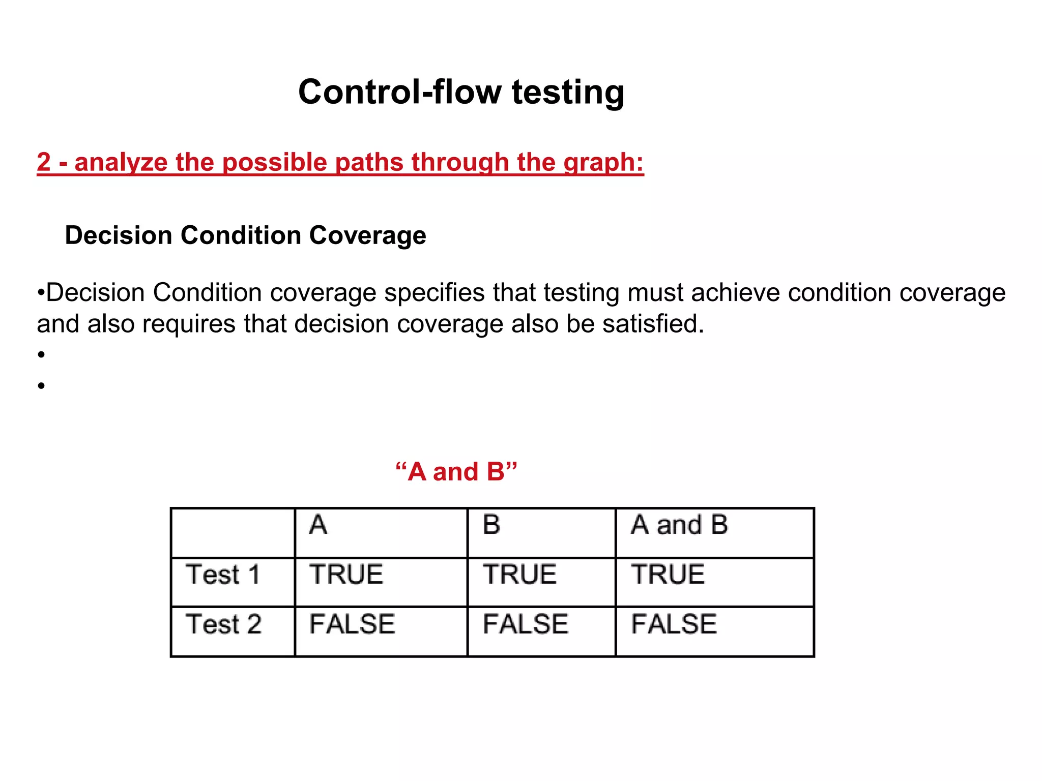 •Decision Condition coverage specifies that testing must achieve condition coverage
and also requires that decision coverage also be satisfied.
•
•
“A and B”
Decision Condition Coverage
2 - analyze the possible paths through the graph:
Control-flow testing
 
