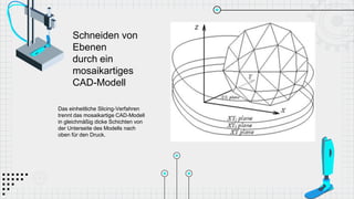 Das einheitliche Slicing-Verfahren
trennt das mosaikartige CAD-Modell
in gleichmäßig dicke Schichten von
der Unterseite des Modells nach
oben für den Druck.
Schneiden von
Ebenen
durch ein
mosaikartiges
CAD-Modell
 