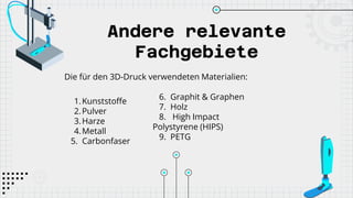 Andere relevante
Fachgebiete
Die für den 3D-Druck verwendeten Materialien:
1.Kunststoffe
2.Pulver
3.Harze
4.Metall
5. Carbonfaser
6. Graphit & Graphen
7. Holz
8. High Impact
Polystyrene (HIPS)
9. PETG
 