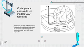 O processo de corte uniforme para o
modelo CAD tesselado em camadas
de espessura uniforme a partir do
fundo do modelo para cima, para
impressão
Cortar planos
através de um
modelo CAD
tesselado
 