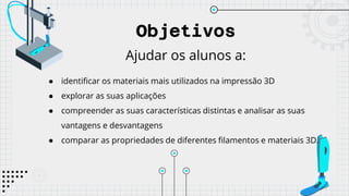 Objetivos
Ajudar os alunos a:
● identificar os materiais mais utilizados na impressão 3D
● explorar as suas aplicações
● compreender as suas características distintas e analisar as suas
vantagens e desvantagens
● comparar as propriedades de diferentes filamentos e materiais 3D.
 