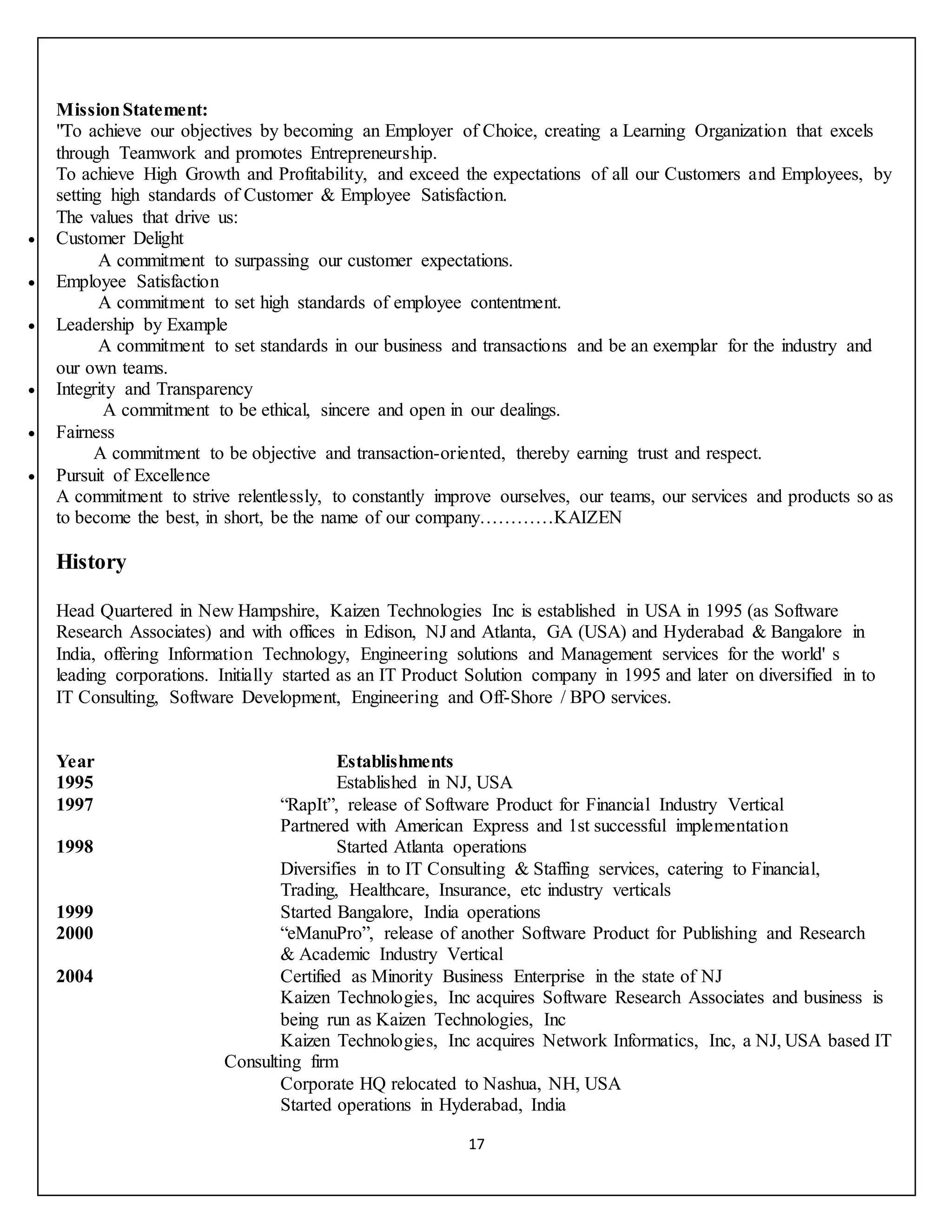17
MissionStatement:
"To achieve our objectives by becoming an Employer of Choice, creating a Learning Organization that excels
through Teamwork and promotes Entrepreneurship.
To achieve High Growth and Profitability, and exceed the expectations of all our Customers and Employees, by
setting high standards of Customer & Employee Satisfaction.
The values that drive us:
 Customer Delight
A commitment to surpassing our customer expectations.
 Employee Satisfaction
A commitment to set high standards of employee contentment.
 Leadership by Example
A commitment to set standards in our business and transactions and be an exemplar for the industry and
our own teams.
 Integrity and Transparency
A commitment to be ethical, sincere and open in our dealings.
 Fairness
A commitment to be objective and transaction-oriented, thereby earning trust and respect.
 Pursuit of Excellence
A commitment to strive relentlessly, to constantly improve ourselves, our teams, our services and products so as
to become the best, in short, be the name of our company…………KAIZEN
History
Head Quartered in New Hampshire, Kaizen Technologies Inc is established in USA in 1995 (as Software
Research Associates) and with offices in Edison, NJ and Atlanta, GA (USA) and Hyderabad & Bangalore in
India, offering Information Technology, Engineering solutions and Management services for the world' s
leading corporations. Initially started as an IT Product Solution company in 1995 and later on diversified in to
IT Consulting, Software Development, Engineering and Off-Shore / BPO services.
Year Establishments
1995 Established in NJ, USA
1997 “RapIt”, release of Software Product for Financial Industry Vertical
Partnered with American Express and 1st successful implementation
1998 Started Atlanta operations
Diversifies in to IT Consulting & Staffing services, catering to Financial,
Trading, Healthcare, Insurance, etc industry verticals
1999 Started Bangalore, India operations
2000 “eManuPro”, release of another Software Product for Publishing and Research
& Academic Industry Vertical
2004 Certified as Minority Business Enterprise in the state of NJ
Kaizen Technologies, Inc acquires Software Research Associates and business is
being run as Kaizen Technologies, Inc
Kaizen Technologies, Inc acquires Network Informatics, Inc, a NJ, USA based IT
Consulting firm
Corporate HQ relocated to Nashua, NH, USA
Started operations in Hyderabad, India
 