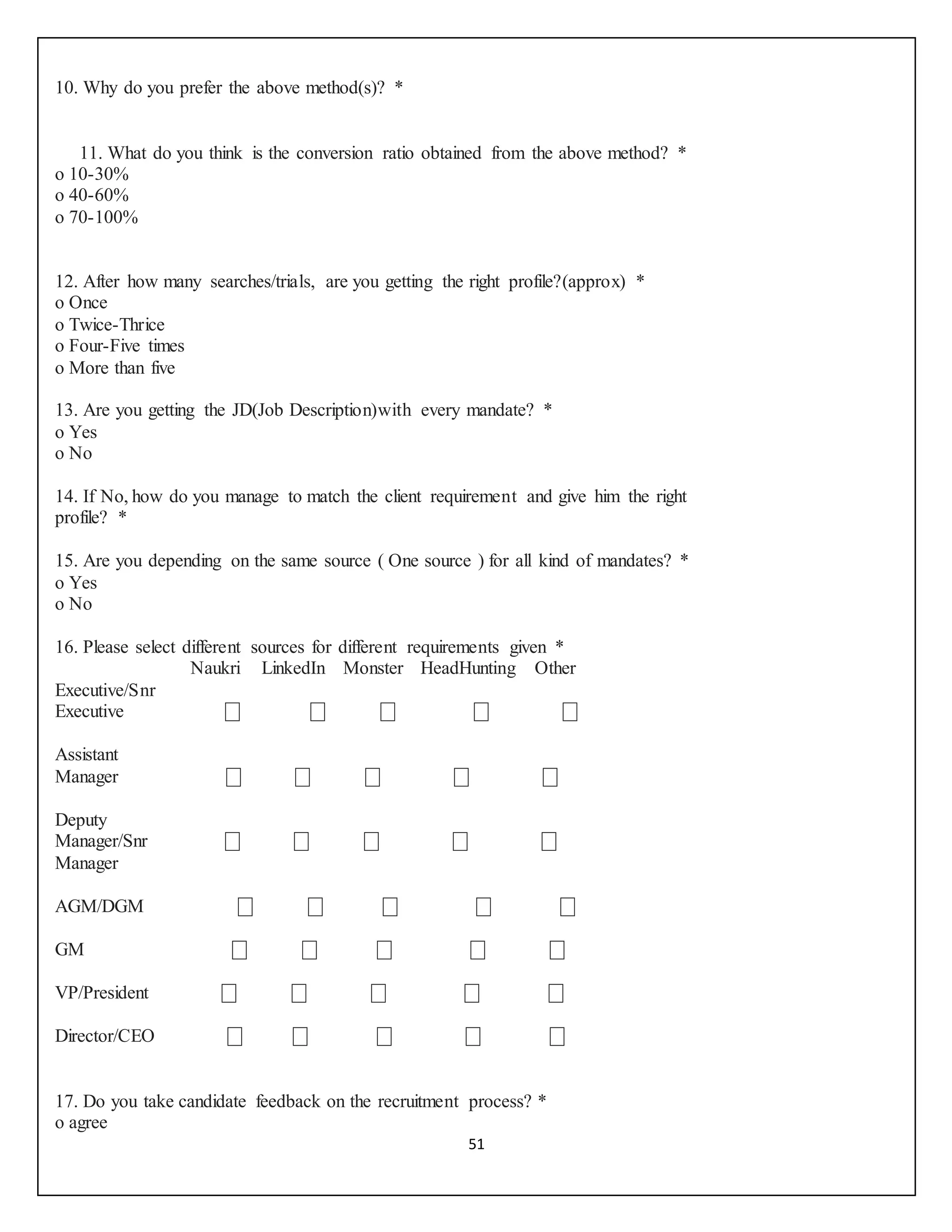 51
10. Why do you prefer the above method(s)? *
11. What do you think is the conversion ratio obtained from the above method? *
o 10-30%
o 40-60%
o 70-100%
12. After how many searches/trials, are you getting the right profile?(approx) *
o Once
o Twice-Thrice
o Four-Five times
o More than five
13. Are you getting the JD(Job Description)with every mandate? *
o Yes
o No
14. If No, how do you manage to match the client requirement and give him the right
profile? *
15. Are you depending on the same source ( One source ) for all kind of mandates? *
o Yes
o No
16. Please select different sources for different requirements given *
Naukri LinkedIn Monster HeadHunting Other
Executive/Snr
Executive ⎕ ⎕ ⎕ ⎕ ⎕
Assistant
Manager ⎕ ⎕ ⎕ ⎕ ⎕
Deputy
Manager/Snr ⎕ ⎕ ⎕ ⎕ ⎕
Manager
AGM/DGM ⎕ ⎕ ⎕ ⎕ ⎕
GM ⎕ ⎕ ⎕ ⎕ ⎕
VP/President ⎕ ⎕ ⎕ ⎕ ⎕
Director/CEO ⎕ ⎕ ⎕ ⎕ ⎕
17. Do you take candidate feedback on the recruitment process? *
o agree
 