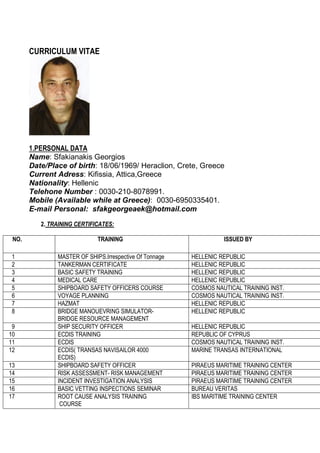 CURRICULUM VITAE
1.PERSONAL DATA
Name: Sfakianakis Georgios
Date/Place of birth: 18/06/1969/ Heraclion, Crete, Greece
Current Adress: Kifissia, Attica,Greece
Nationality: Hellenic
Telehone Number : 0030-210-8078991.
Mobile (Available while at Greece): 0030-6950335401.
E-mail Personal: sfakgeorgeaek@hotmail.com
2. TRAINING CERTIFICATES:
NO. TRAINING ISSUED BY
1 MASTER OF SHIPS.Irrespective Of Tonnage HELLENIC REPUBLIC
2 TANKERMAN CERTIFICATE HELLENIC REPUBLIC
3 BASIC SAFETY TRAINING HELLENIC REPUBLIC
4 MEDICAL CARE HELLENIC REPUBLIC
5 SHIPBOARD SAFETY OFFICERS COURSE COSMOS NAUTICAL TRAINING INST.
6 VOYAGE PLANNING COSMOS NAUTICAL TRAINING INST.
7 HAZMAT HELLENIC REPUBLIC
8 BRIDGE MANOUEVRING SIMULATOR-
BRIDGE RESOURCE MANAGEMENT
HELLENIC REPUBLIC
9 SHIP SECURITY OFFICER HELLENIC REPUBLIC
10 ECDIS TRAINING REPUBLIC OF CYPRUS
11 ECDIS COSMOS NAUTICAL TRAINING INST.
12 ECDIS( TRANSAS NAVISAILOR 4000
ECDIS)
MARINE TRANSAS INTERNATIONAL
13 SHIPBOARD SAFETY OFFICER PIRAEUS MARITIME TRAINING CENTER
14 RISK ASSESSMENT- RISK MANAGEMENT PIRAEUS MARITIME TRAINING CENTER
15 INCIDENT INVESTIGATION ANALYSIS PIRAEUS MARITIME TRAINING CENTER
16 BASIC VETTING INSPECTIONS SEMINAR BUREAU VERITAS
17 ROOT CAUSE ANALYSIS TRAINING
COURSE
IBS MARITIME TRAINING CENTER
 
