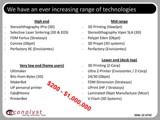 We have an ever increasing range of technologies
                    High end                                  Mid range
–    Stereolithography IPro (3D)            –   3D Printing (Voxeljet)
–    Selective Laser Sintering (3D & EOS)   –   Stereolithography Viper SLA (3D)
–    FDM Fortus (Stratasys)                 –   Polyjet Eden (Objet)
–    Connex (Objet)                         –   3D Projet (3D systems)
–    Perfactory XE (Envisiontec)            –   Perfactory (Envisiontec)

                                                         Lower end (desk-top)
            Very low end (home users)       –   3D Printing (Z-Corp)
–    Ultimaker                              –   Ultra Z-Printer (Envisiontec / Z-Corp)
–    Bits-from-Bytes (3D)                   –   24/30 (Objet)
–    MakerBot                               –   FDM Dimension (Stratasys)
–    UP personal printer                    –   UPrint (HP / Stratasys)
–    Fab@Home                               –   Laminated Objet Manufacture (Mcor)
–    PrinterBot                             –   V-Flash (3D Systems)



                                                                            Slide 12 of 62
 