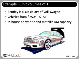 Example – unit volumes of 1
• Bentley is a subsidiary of Volkswagen
• Vehicles from $250K - $1M
• In-house polymeric and metallic AM capacity




                                         Slide 18 of 62
 