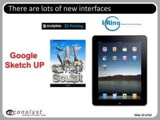 There are lots of new interfaces




 Google
Sketch UP




                                   Slide 33 of 62
 