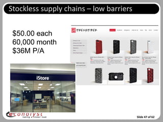 Stockless supply chains – low barriers


 $50.00 each
 60,000 month
 $36M P/A




                                         Slide 47 of 62
 