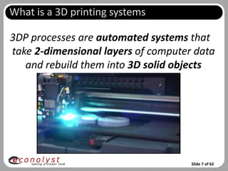 What is a 3D printing systems

3DP processes are automated systems that
take 2-dimensional layers of computer data
   and rebuild them into 3D solid objects




                                     Slide 7 of 62
 