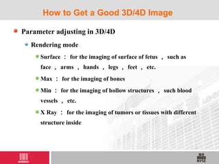 Parameter adjusting in 3D/4D
Rendering mode
Surface ： for the imaging of surface of fetus ， such as
face ， arms ， hands ， legs ， feet ， etc.
Max ： for the imaging of bones
Min ： for the imaging of hollow structures ， such blood
vessels ， etc.
X Ray ： for the imaging of tumors or tissues with different
structure inside
How to Get a Good 3D/4D Image
 