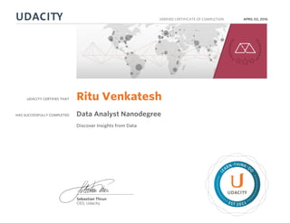 UDACITY CERTIFIES THAT
HAS SUCCESSFULLY COMPLETED
VERIFIED CERTIFICATE OF COMPLETION
L
EARN THINK D
O
EST 2011
Sebastian Thrun
CEO, Udacity
APRIL 02, 2016
Ritu Venkatesh
Data Analyst Nanodegree
Discover Insights from Data
 
