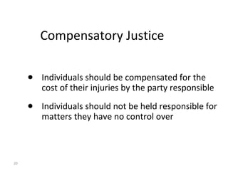 20
Compensatory Justice
● Individuals should be compensated for the
cost of their injuries by the party responsible
● Individuals should not be held responsible for
matters they have no control over
 