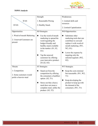 TOWS Analysis
IFAS
EFAS
Strength
1. Reasonable Pricing
2. Healthy Snack
Weaknesses
1. Limited skills and
resources
2. Limited Capitalization
Opportunities
1. Word-of-mouth Marketing
2. Unserved Customers are
present
SO Strategies
 Use the word-of-mouth
marketing to spread the
word regarding the
budget-friendly and
healthy snack available
in the market. (S1, S2,
O1)
 Tap the unsaved
customers by offering
your innovative product.
(S1,S2, O2)
WO Opportunities
 Substitute other
marketing tools that can
contribute to cost and
replace it with word-of-
mouth marketing. (W1,
W2, O1)
 Lower the expense by
targeting only the
selected segment. (W2,
O2)
Threats
1. Competition
2. Some customers would
prefer a heavier meal
ST Strategies
 Stand out from the
competition by offering
the consumers a healthier
option. (S2, T1)
 Stress out that a heavy
meal does not mean a
complete meal, unlike the
product. (S2, T2)
WT Strategies
 Keep the costs minimal
but reasonable. (W1, W2,
T1)
 Keep developing the
product to keep up with
the demand of the
consumers. (W1, T1)
W R A P - T O - G O Page 1
 
