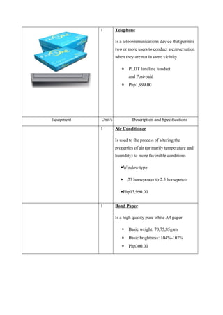 1 Telephone
Is a telecommunications device that permits
two or more users to conduct a conversation
when they are not in same vicinity
 PLDT landline handset
and Post-paid
 Php1,999.00
Equipment Unit/s Description and Specifications
1 Air Conditioner
Is used to the process of altering the
properties of air (primarily temperature and
humidity) to more favorable conditions
Window type
 .75 horsepower to 2.5 horsepower
Php13,990.00
1 Bond Paper
Is a high quality pure white A4 paper
 Basic weight: 70,75,85gsm
 Basic brightness: 104%-107%
 Php300.00
 