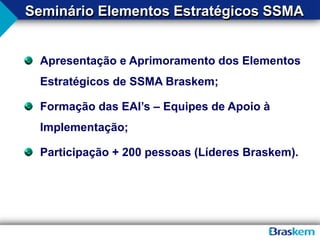 Apresentação e Aprimoramento dos Elementos
Estratégicos de SSMA Braskem;
Formação das EAI’s – Equipes de Apoio à
Implementação;
Participação + 200 pessoas (Líderes Braskem).
Seminário Elementos Estratégicos SSMA
 