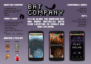 FLY AS VLADI THE VAMPIRE BAT
AND DODGE OBSTACLES WITH
ECHO LOCATION IN SINGLE AND
MULTIPLAYER.
ABOUTBATCOMPANY
· A singleplayer and
multiplayer arcade game for
Android smartphones and
tablets
· PEGI 3+
COMPARABLE GAMES
Temple Run ·
Subway Surfers ·
Mega Jump ·
USP's
Retro feeling ·
Vladimir Dracula theme ·
Echo location ·
Multiplayer ·
Limited vision ·
TARGET GROUP
· For anyone who likes to play
in short periods of time
· Love short matches
· Casual gamers
· Retro game lovers
· People with affection for
film
· Waiters and travellers
BOOSTERS & PICK UPS
JETPACK! SHIELD!
TORCH! BLOOD!
 