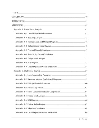 iv | P a g e
Shaft .......................................................................................................................................... 37
CONCLUSION............................................................................................................................. 40
REFERENCES ............................................................................................................................. 41
APPENDICES .............................................................................................................................. 43
Appendix A. Tower Stress Analysis......................................................................................... 43
Appendix A-1. List of Independent Parameters ................................................................... 43
Appendix A-2. Buckling Analysis........................................................................................ 45
Appendix A-3. Normal, Shear, and Moment Diagrams ....................................................... 46
Appendix A-4. Deflection and Slope Diagram..................................................................... 48
Appendix A-5. Principal Stress Calculations........................................................................ 49
Appendix A-6. Static Safety Factor Calculations ................................................................. 51
Appendix A-7. Fatigue Load Analysis ................................................................................. 52
Appendix A-8. S-N Diagram ................................................................................................ 53
Appendix A-9. List of Dependent Values and Results ......................................................... 54
Appendix B. Shaft Stress Analysis ........................................................................................... 57
Appendix B-1. Lis of Independent Parameters..................................................................... 57
Appendix B-2. Shear and Moment Analysis and Diagrams ................................................. 59
Appendix B-3. Principal Stress Calculations........................................................................ 60
Appendix B-4. Static Safety Factor ...................................................................................... 63
Appendix B-5. Stress-Concentration Factor Computation ................................................... 64
Appendix B-5. Fatigue Load Analysis.................................................................................. 65
Appendix B-6. S-N Diagram ................................................................................................ 66
Appendix B-7. Fatigue Safety Factors.................................................................................. 67
Appendix B-8. Vibration Calculations ................................................................................. 68
Appendix B-9. List of Dependent Values and Results ......................................................... 69
 