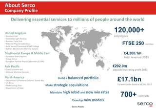 Serco Public
About Serco
Company Profile
Delivering essential services to millions of people around the world
120,000+
employees
£4,288.1m
total revenue 2013
£292.0m
adjusted operating profit 2013
£17.1bn
Forward order book as at Dec 2013
FTSE 250 member
United Kingdom
• Northern Rail
• Docklands Light Railway
• Barclays Cycle Hire
• National Physical Laboratory
• Joint Service Command & Staff College
• Ballistic Missile Early Warning System
Continental Europe & Middle East
• European Space Agency
• Dubai Metro
• European Particle Physics Laboratory (CERN)
Asia Pacific
• Great Southern Rail
• Defence Maritime Services
North America
• Department of National Defence, Goose Bay
• US Army
• Thrift Savings Plan
• Department of State
Build a balanced portfolio
Maintain high rebid and new win rates
Make strategic acquisitions
700+ contracts
Develop new models
 