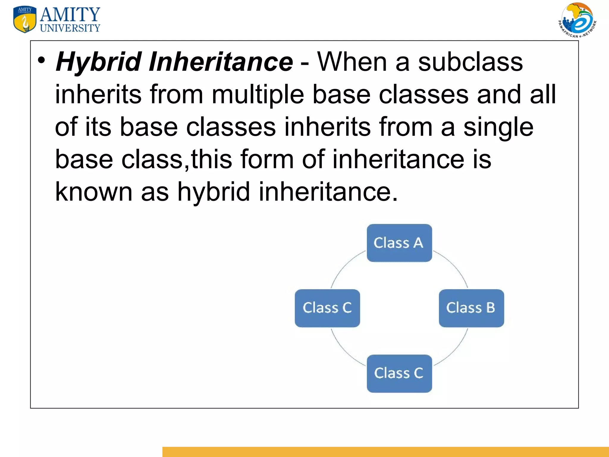 • Hybrid Inheritance - When a subclass
  inherits from multiple base classes and all
  of its base classes inherits from a single
  base class,this form of inheritance is
  known as hybrid inheritance.
 
