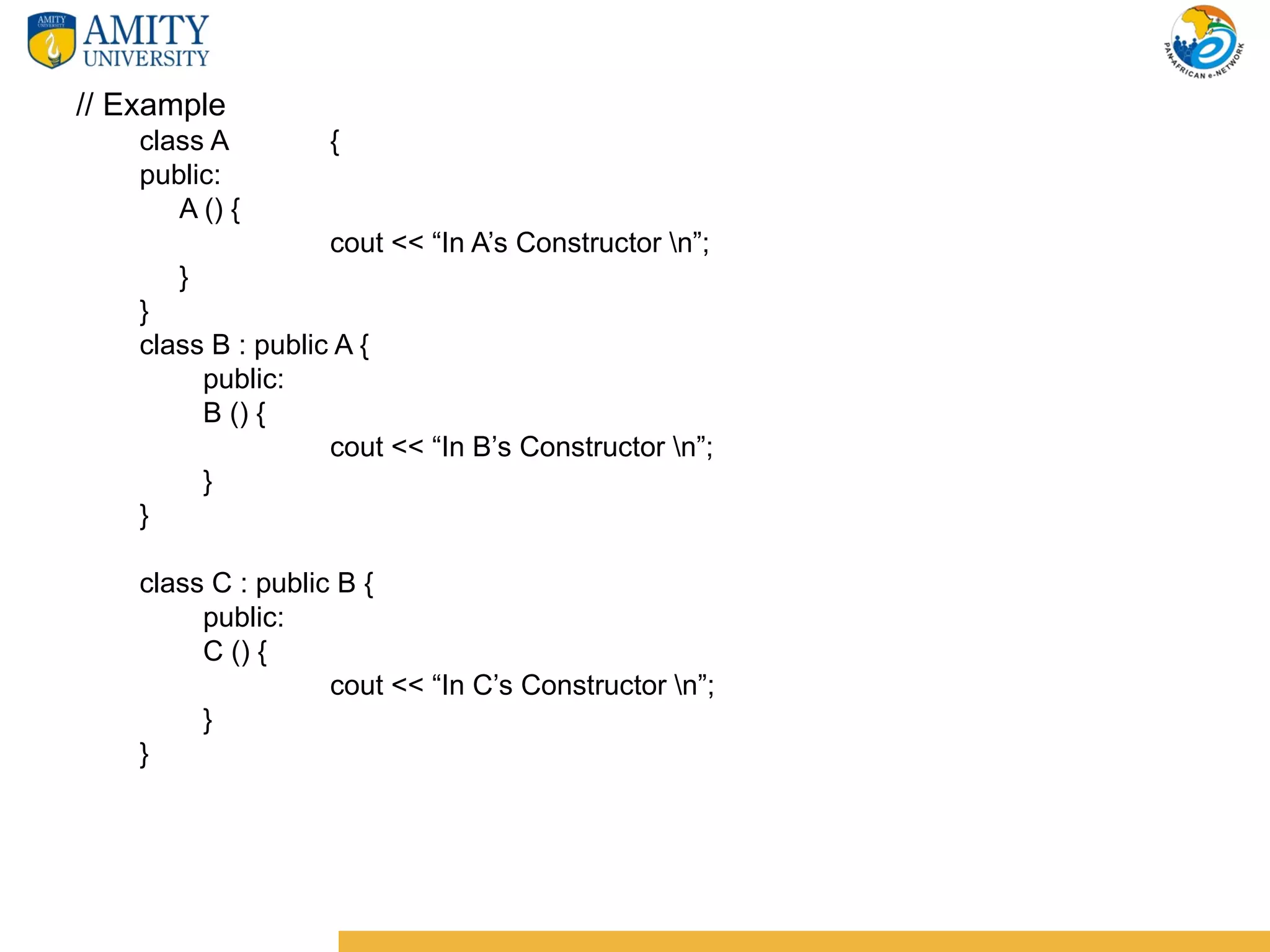 // Example
    class A        {
    public:
       A () {
                   cout << “In A’s Constructor n”;
       }
    }
    class B : public A {
         public:
         B () {
                    cout << “In B’s Constructor n”;
         }
    }

    class C : public B {
         public:
         C () {
                    cout << “In C’s Constructor n”;
         }
    }
 