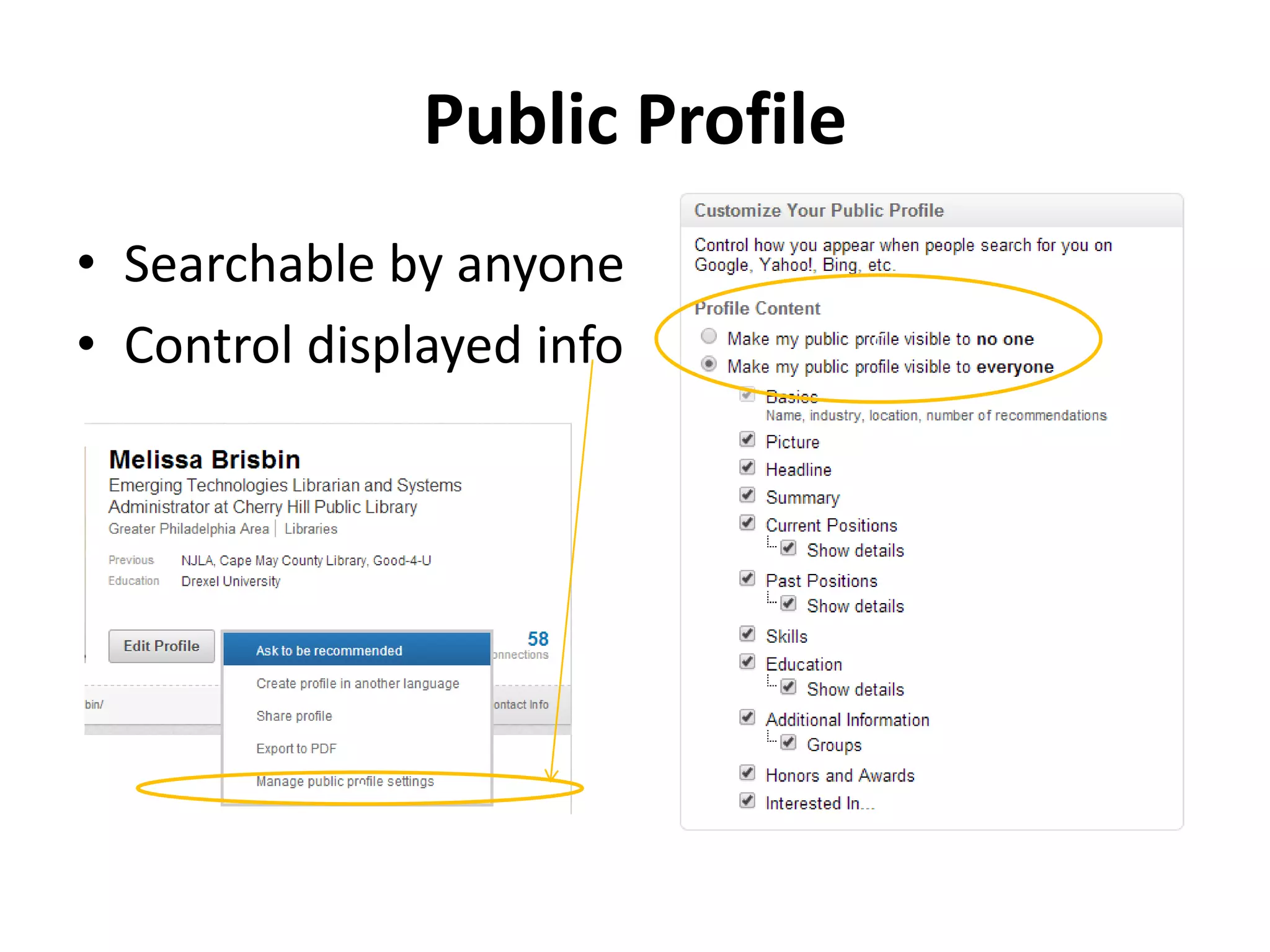 Public Profile
• Searchable by anyone
• Control displayed info
c
c
 