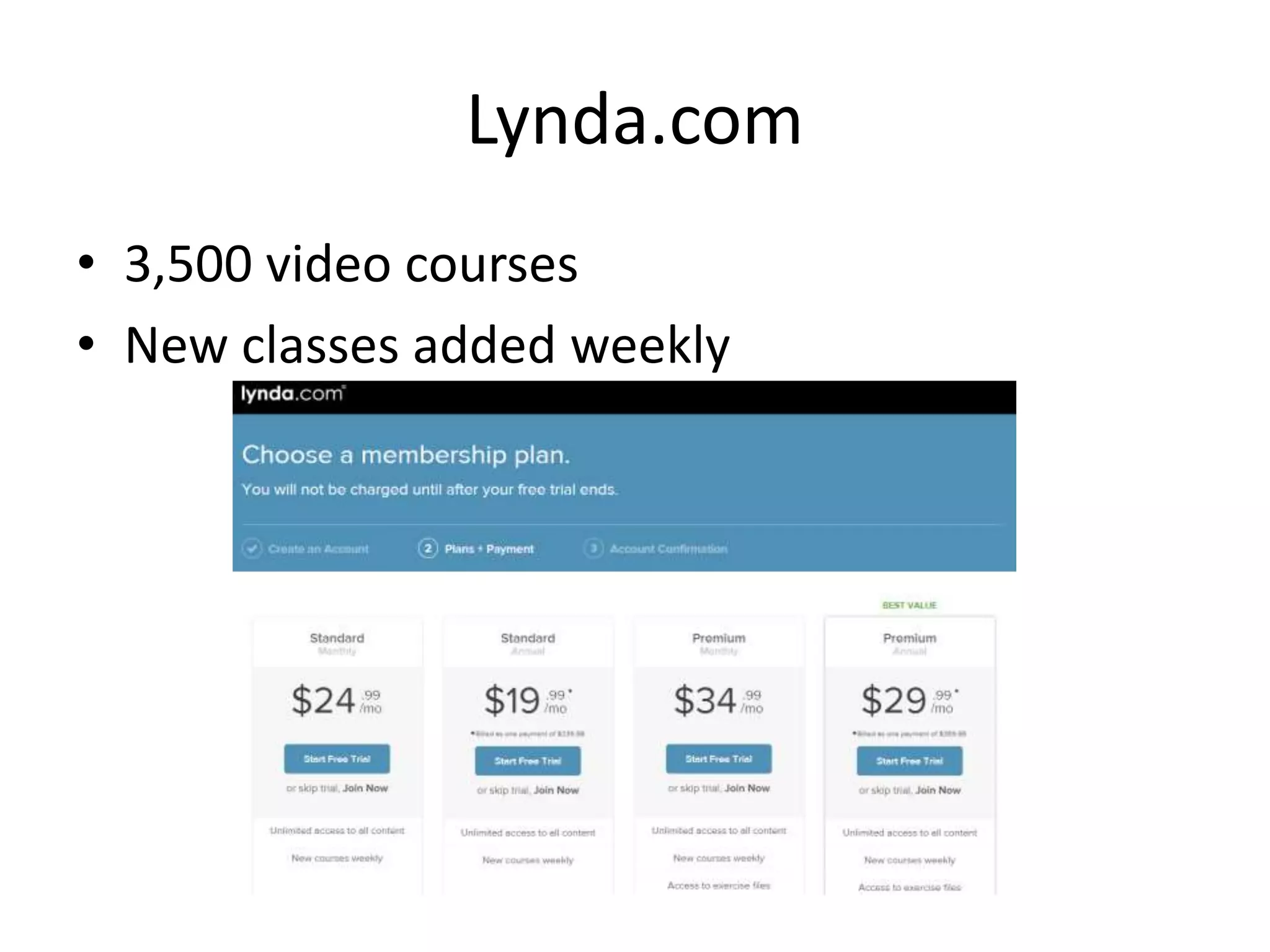Lynda.com
• 3,500 video courses
• New classes added weekly
 