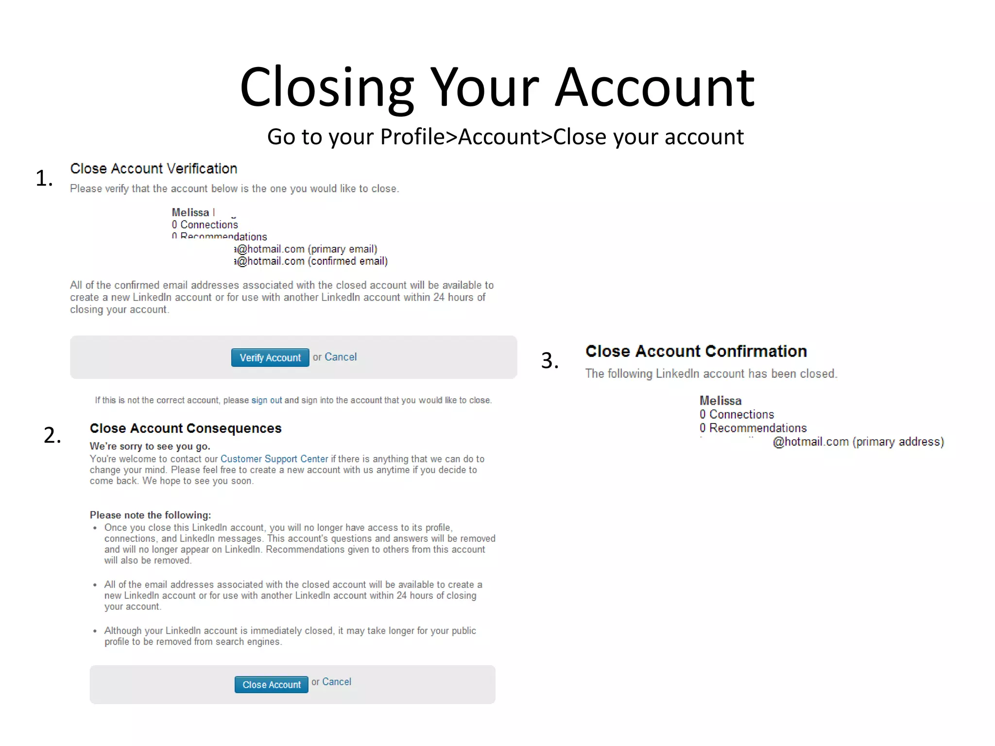 Closing Your Account
Go to your Profile>Account>Close your account
1.
2.
3.
 