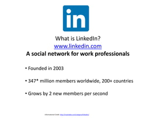 What is LinkedIn?
www.linkedin.com
A social network for work professionals
• Founded in 2003
• 347* million members worldwide, 200+ countries
• Grows by 2 new members per second
Informational Credit: http://mashable.com/category/linkedin/
 