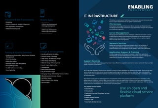 Frontend & RIA Frameworks
•	Bootstrap
•	Node.js, Express.js, React.js & Angular.js
•	Flex application development
•	Adobe Air development
Design & Development
•	Branding & Digital Marketing
•	Content Design & Strategy
•	Logo Design & Stationary Design
•	Print Design & Packaging
•	Website Design & Development
•	Search Engine Optimization
•	Photography
•	Social Media Campaign
•	Pay Per Click Campaign
•	Campaign Design & Marketing Communication
•	Advertisements, Banners, Posters
•	Exhibition Design
•	Video Editing & Film Making
•	3D-Animation
Mobile Apps
•	iOS Platform
‹ iPhone app development
‹ iPad app development
•	Android Platform
‹ Phone app development
‹ Tablet app development
•	Windows Platform
Testing & Quality Services
•	Performance, Automation, Code Review & Defect 	
	 Management
•	Black-box testing
•	White-box testing
•	Business case & User story testing
•	Compatibility testing
•	Load & Performance testing
•	Security testing
ENABLING
C O N V E R G E N C E
IT INFRASTRUCTURE
ITIL Services
Information Technology infrastructure library services sets the protocol for
managing the technology roadmap for any organization and puts the company
on a systematic approach.
Server Management
Managing Active Directory servers, Database or Web servers when it comes
to planning the capacity and monitoring the health of the servers, the KCS
support team has undertaken variety of turnkey implementation projects
which include server management.
Network Services
Setting up structured and optimized network plan is the backbone of
any organization, KCS has well versed team in entire network design,
implementation and management of LAN, WAN or other hybrid Networks.
Application Support & Training
Due to a large portion of company’s business is been into applications
development, we have dedicated team of resources to act on training and
supporting the projects we develop and products we support.
At KCS we offer seamless infrastructure services to ramp up client operations on infrastructure needs. Gone are the days
when setting up entire data center, security, capacity planning and execution, back up and other data and scalability
aspects were to be handled from start to end. Cloud Computing is the mantra and elasticity is what is provided to scale
up and scale down.
KCS infrastructure team has wide experience and expertize of the most popular cloud infrastructure providers in the
globe today, be it AWS or Azure or IBM cloud our team is there to support your infrastructure needs and enables your
business a rock solid backbone for seamless expansion of your business needs. Learn how to reduce your TCO via utilizing
cloud services to its best from our infrastructure consulting team.
Use an open and
flexible cloud service
platform
Our popular Services Include:
•	 Cloud Hosting
•	 Virtualization
•	 Application Services / Developer Services
•	 Database
•	 Data & Storage Services
•	 Media & CDN
•	 Security & Identity Services
The below is a summary of traditional infrastructure services that is executed
by our support department for our global customer base:
Support Services
A host of various other technical support services is also offered to our global customers in various sectors for the L1, L2 &L3
needs of business sustainability.
 