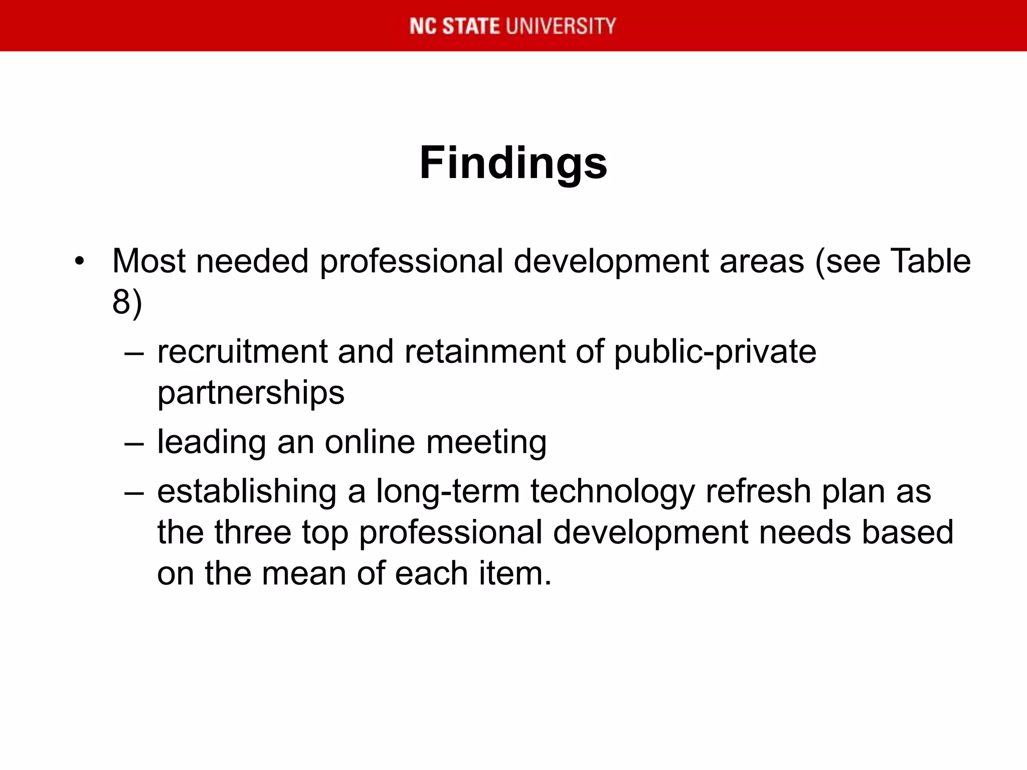 Findings
• Most needed professional development areas (see Table
8)
– recruitment and retainment of public-private
partnerships
– leading an online meeting
– establishing a long-term technology refresh plan as
the three top professional development needs based
on the mean of each item.
 