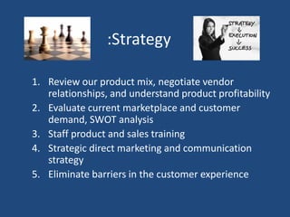 :Strategy
1. Review our product mix, negotiate vendor
relationships, and understand product profitability
2. Evaluate current marketplace and customer
demand, SWOT analysis
3. Staff product and sales training
4. Strategic direct marketing and communication
strategy
5. Eliminate barriers in the customer experience
 