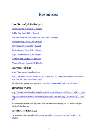 21
Resources
Local Authority 2014 Budgets:
Carlow County Council 2014 Budget
Dublin City Council 2014 Budget
Dún Laoghaire- Rathdown County Council 2014 Budget
Galway County Council 2014 Budget
Kerry County Council 2014 Budget
Kildare County Council 2014 Budget
Mayo County Council 2014 Budget
Meath County Council 2014 Budget
Wicklow County Council 2014 Budget
Sourcesof Funding
https://www.nppr.ie/default.aspx
http://www.citizensinformation.ie/en/money_and_tax/tax/housing_taxes_and_reliefs/l
ocal_property_tax_exemptions.html
All other information was obtained from: http://www.environ.ie/en/LGFinance/
Homeless Services
http://www.focusireland.ie/files/focus%20ireland%20annual%20report%202012.pdf
http://www.merrionstreet.ie/en/ImageLibrary/Social_Strategy_Document_20141126.
pdf
All other information was obtained from each Local Authority’s 2014 Annual Budget
and the 2011 Census.
Ghost Estates& Funding
Parliamentary Question 256: https://www.kildarestreet.com/wrans/?id=2014-10-
09a.625
 