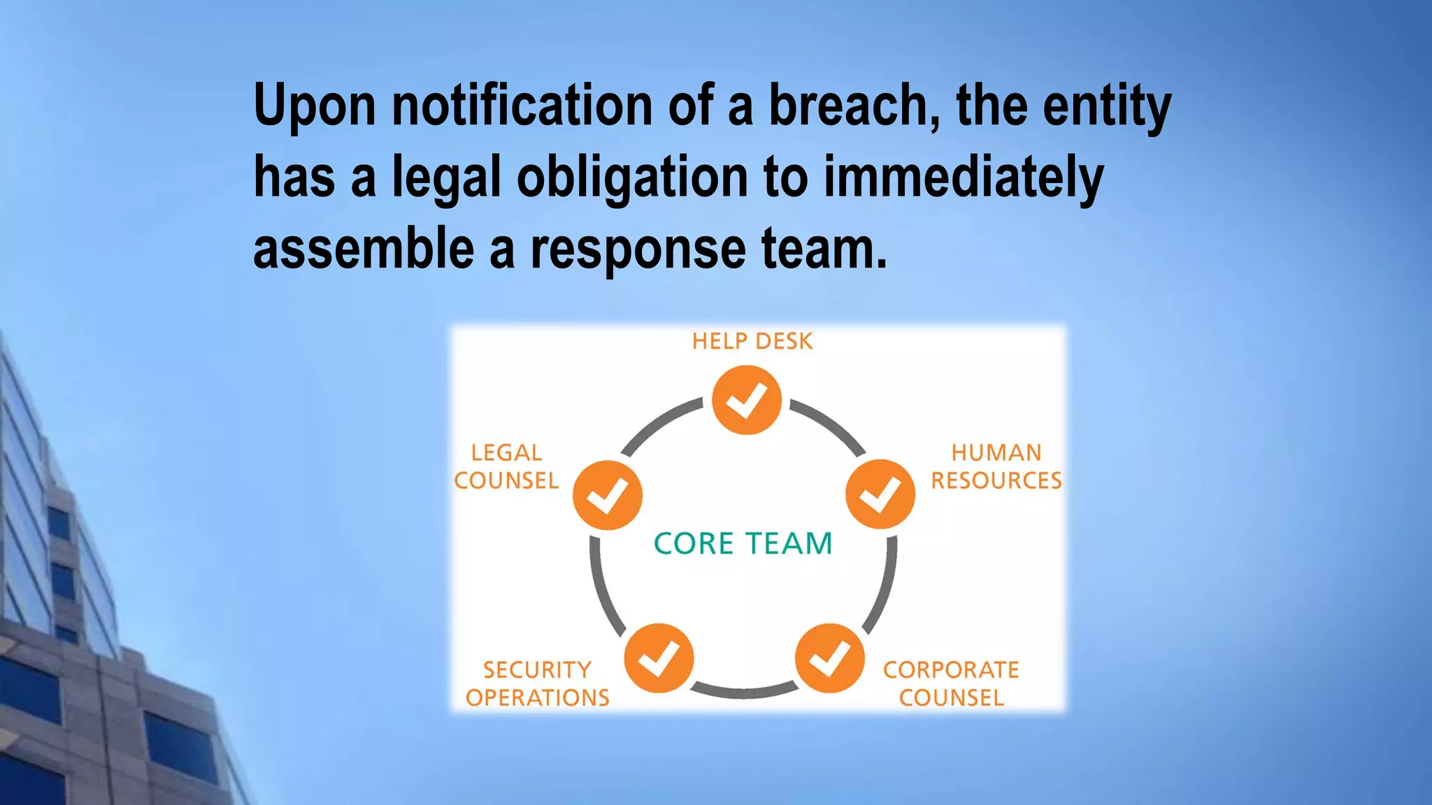Upon notification of a breach, the entity
has a legal obligation to immediately
assemble a response team.
 