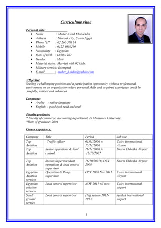 Curriculum vitae
Personal data:
• Name : Maher Awad Khir-Eldin
• Address : Shorouk city, Cairo Egypt.
• Phone "H" : 02 260 570 54
• Mobile : 0122 4030260
• Nationality : Egyptian
• Date of birth : 16/06/1982
• Gender : Male
• Material status: Married with 02 kids.
• Military service: Exempted
• E-mail : maher_k.eldin@yahoo.com
Objective:
Seeking a challenging position and a participation opportunity within a professional
environment on an organization where personal skills and acquired experience could be
usefully, utilized and enhanced.
Language;
• Arabic : native language
• English : good both read and oral
Faculty graduate:
* Faculty of commerce, accounting department, El Mansoura University.
*Date of graduate: 2004
Career experience;
Company Title Period Job site
Top
Aviation
Traffic officer 01/01/2006 to
15/11/2006
Cairo International
Airport
Top
Aviation
Senior operations & load
control
16/11/2006 to
15/10/2007
Sharm Elsheikh Airport
Top
Aviation
Station Superintendent
operations & load control
supervisor
16/10/2007to OCT
2008
Sharm Elsheikh Airport
Egyptian
Aviation
services
Operation & Ramp
supervisor
OCT 2008 Nov 2011 Cairo international
Airport
Egyptian
aviation
services
Load control supervisor NOV 2011 till now Cairo international
airport
Saudi
ground
service
Load control supervisor Hajj season 2012-
2013
Jeddah international
airport
1
 