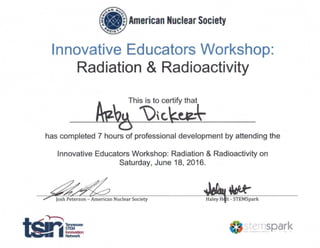 American Nuclear Society
Innovative Educators Workshop:
Radiation & Radioactivity
has completed 7 hours of professional development by attending the
Innovative Educators Workshop: Radiation & Radioactivity on
Saturday, June 18,2016.
Josh Peterson - American Nuclear Society
 