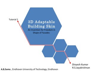 A.B.Suma , Eindhoven University of Technology, Eindhoven 
Divyesh Kumar 
R.S.Jayakrishnan 
3D Adaptable 
Building Skin 
An Invention for Freedom in 
Shape of Facades 
Tutorial 1 
 