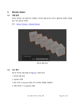3D 모델러 애드인 개발 과정 Page 25 of 42
3. Blender Addon
3.1 개발 방법
애드온 파이썬 기반 개발 방식 지원한다. 파이썬 개발 방식은 쉬우나, 블렌더란 모델러 개념을
알고 있지 않으면 어렵다.
참고 - Add-on Tutorial — Blender Manual
애드온 명령 예시
3.2 코드 예시
애드온 파이썬 모듈 실행 순서(참고)는 다음과 같다.
1. 파이썬 모듈 로딩
2. register() 호출
3. 메뉴 선택 시 execute() 호출. 여기서 원하는 명령을 개발한다.
4. 모듈 언로딩 시 unregister() 호출
 