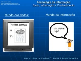 Tecnologia da Informação Dado, Informação e Conhecimento Prof. Robson Santos Email:  [email_address] Blog:  http://robssantos.blogspot.com   Fonte: slides de Clarissa D. Rocha & Rafael Valentim Mundo dos dados: Mundo da Informação 