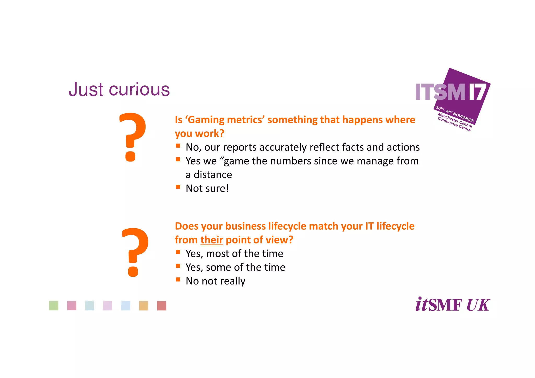 Just curious
?
Is ‘Gaming metrics’ something that happens where
you work?
No, our reports accurately reflect facts and actions
Yes we “game the numbers since we manage from
a distance
Not sure!
?
Does your business lifecycle match your IT lifecycle
from their point of view?
Yes, most of the time
Yes, some of the time
No not really
 