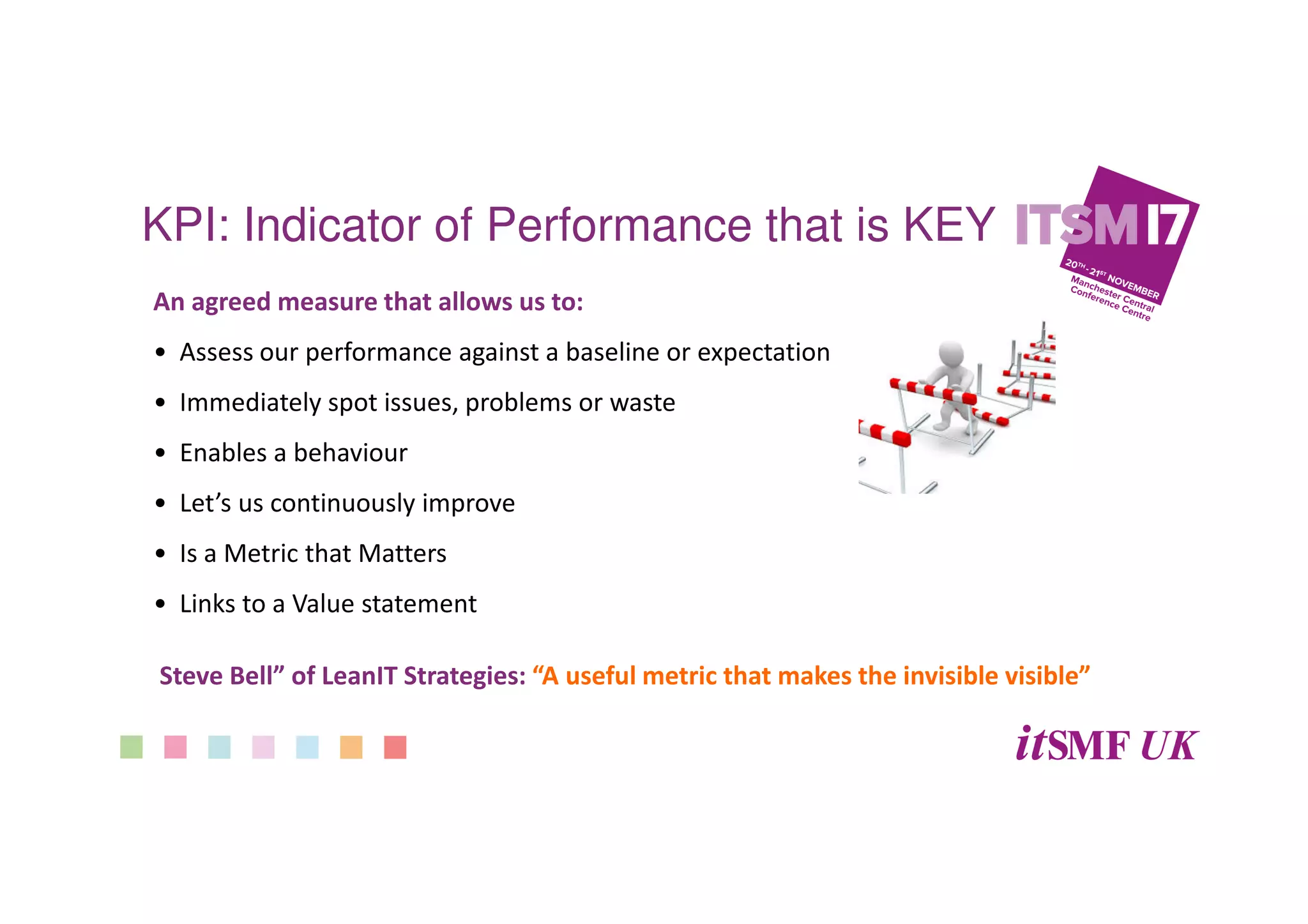 KPI: Indicator of Performance that is KEY
An agreed measure that allows us to:
• Assess our performance against a baseline or expectation
• Immediately spot issues, problems or waste
• Enables a behaviour
• Let’s us continuously improve
• Is a Metric that Matters
• Links to a Value statement
Steve Bell” of LeanIT Strategies: “A useful metric that makes the invisible visible”
 