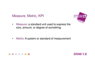 Measure, Metric, KPI
• Measure: a standard unit used to express the
size, amount, or degree of something
• Metric: A system or standard of measurement
 