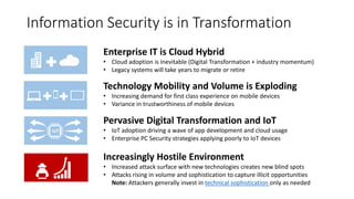 Information Security is in Transformation
Increasingly Hostile Environment
• Increased attack surface with new technologies creates new blind spots
• Attacks rising in volume and sophistication to capture illicit opportunities
Note: Attackers generally invest in technical sophistication only as needed
Enterprise IT is Cloud Hybrid
• Cloud adoption is inevitable (Digital Transformation + industry momentum)
• Legacy systems will take years to migrate or retire
Technology Mobility and Volume is Exploding
• Increasing demand for first class experience on mobile devices
• Variance in trustworthiness of mobile devices
Pervasive Digital Transformation and IoT
• IoT adoption driving a wave of app development and cloud usage
• Enterprise PC Security strategies applying poorly to IoT devices
IoT
 