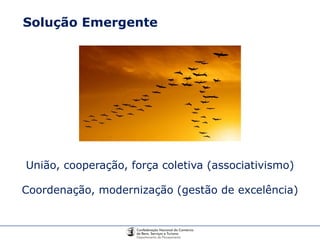 Solução Emergente União, cooperação, força coletiva (associativismo) Coordenação, modernização (gestão de excelência) 