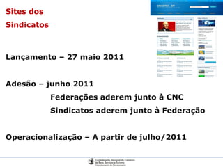 Sites dos Sindicatos Lançamento – 27 maio 2011 Adesão – junho 2011 Federações aderem junto à CNC Sindicatos aderem junto à Federação Operacionalização – A partir de julho/2011 