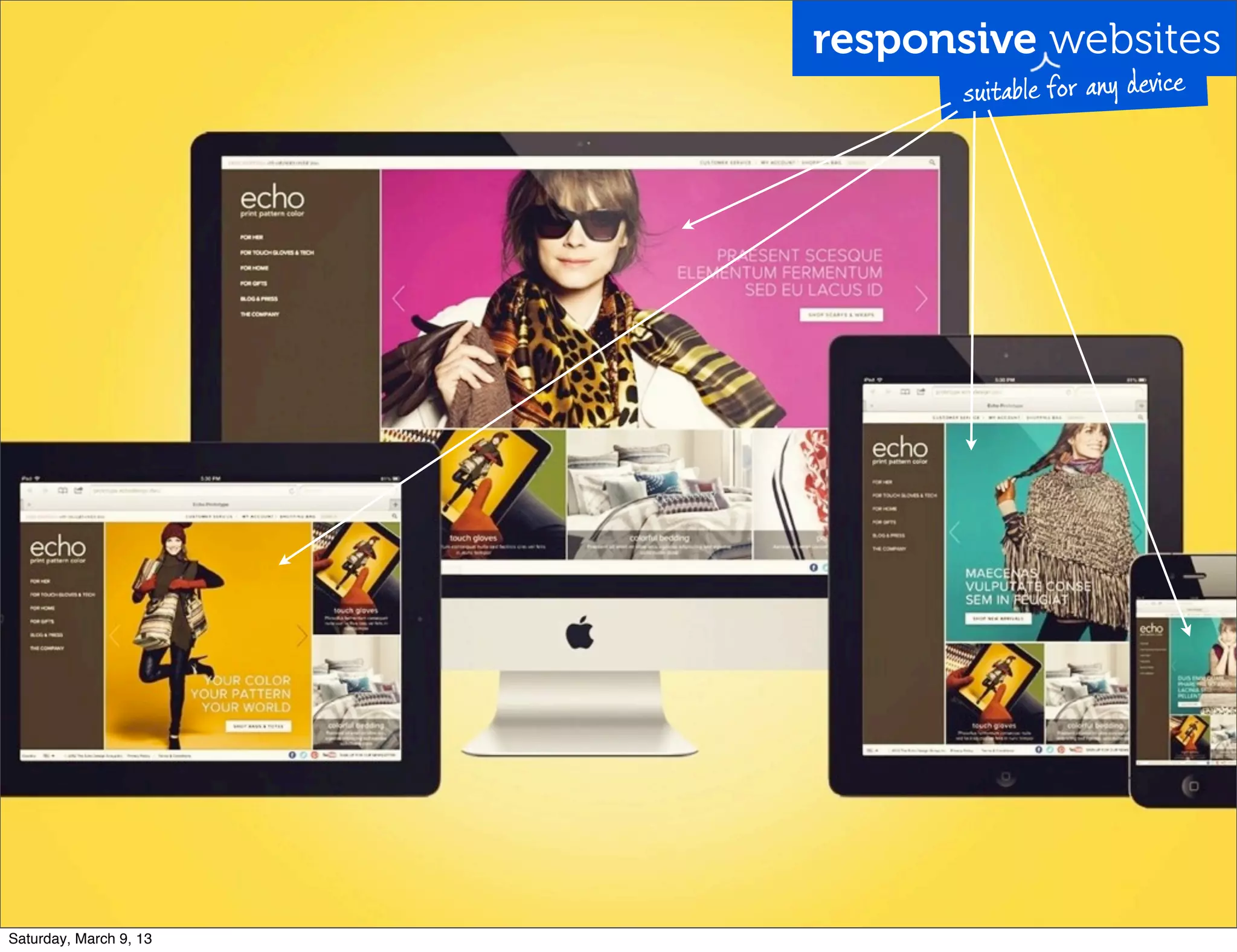 responsive websites
suitable for any device
Saturday, March 9, 13
 