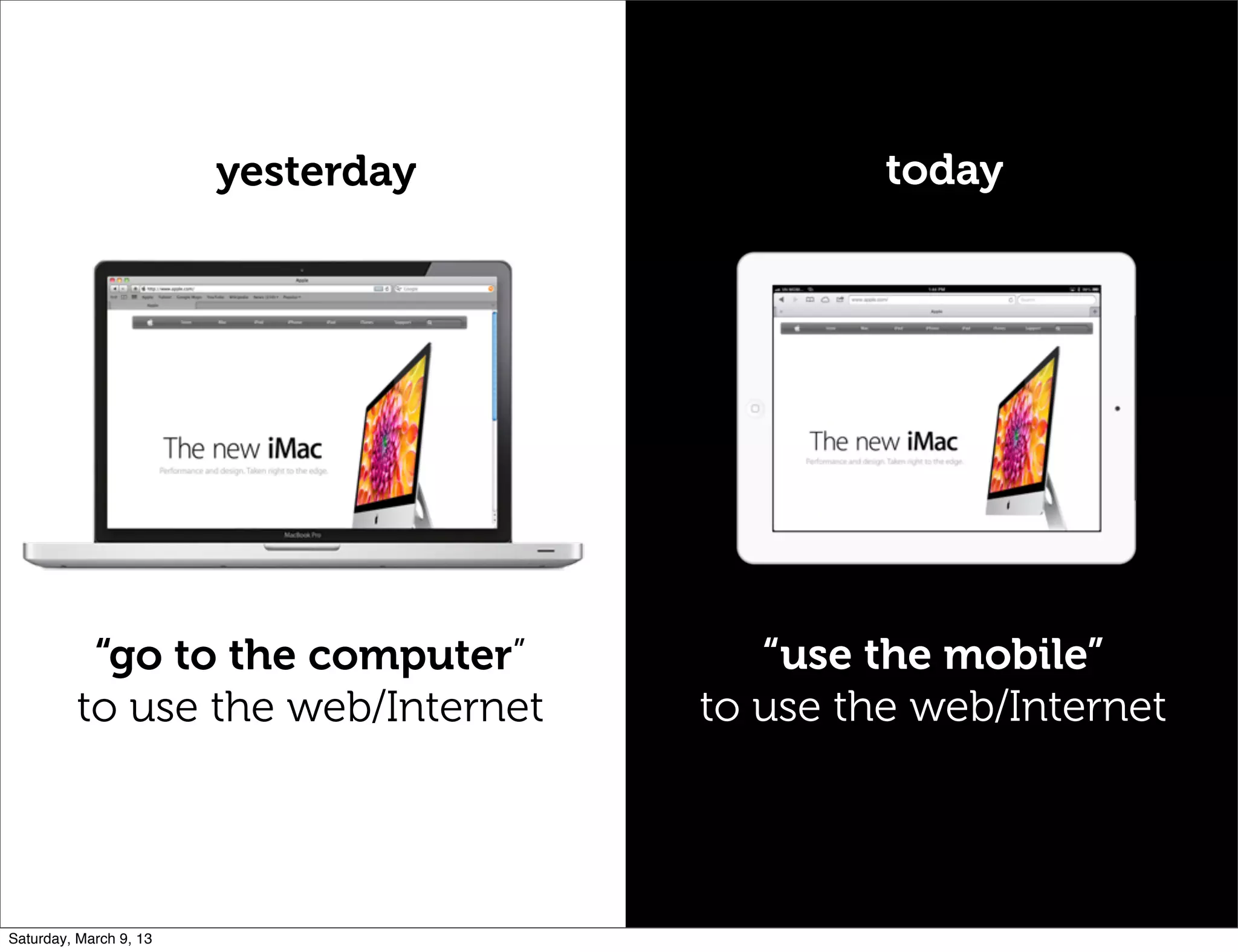 yesterday
“go to the computer”
to use the web/Internet
today
“use the mobile”
to use the web/Internet
Saturday, March 9, 13
 