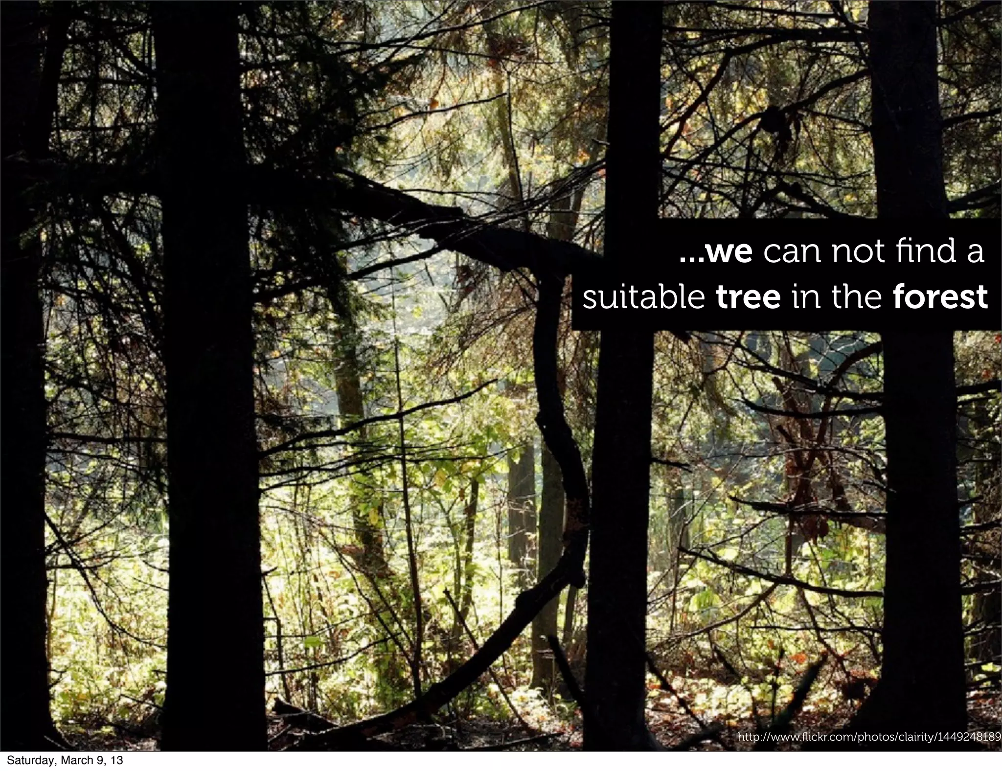 http://www.ﬂickr.com/photos/clairity/1449248189
...we can not ﬁnd a
suitable tree in the forest
Saturday, March 9, 13
 