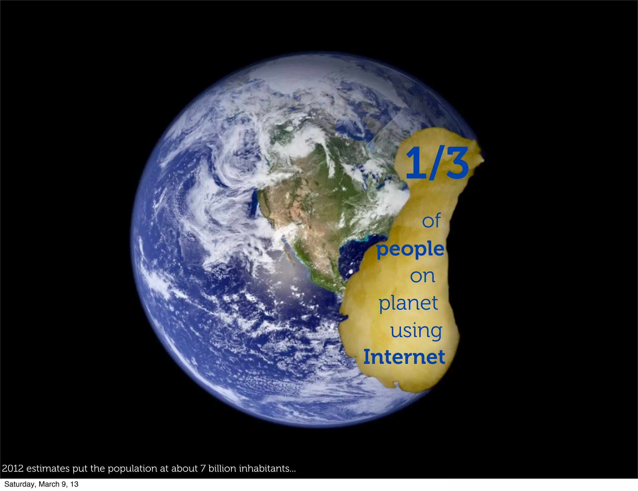 1/3
2012 estimates put the population at about 7 billion inhabitants...
Internet
of
people
on
planet
using
Saturday, March 9, 13
 