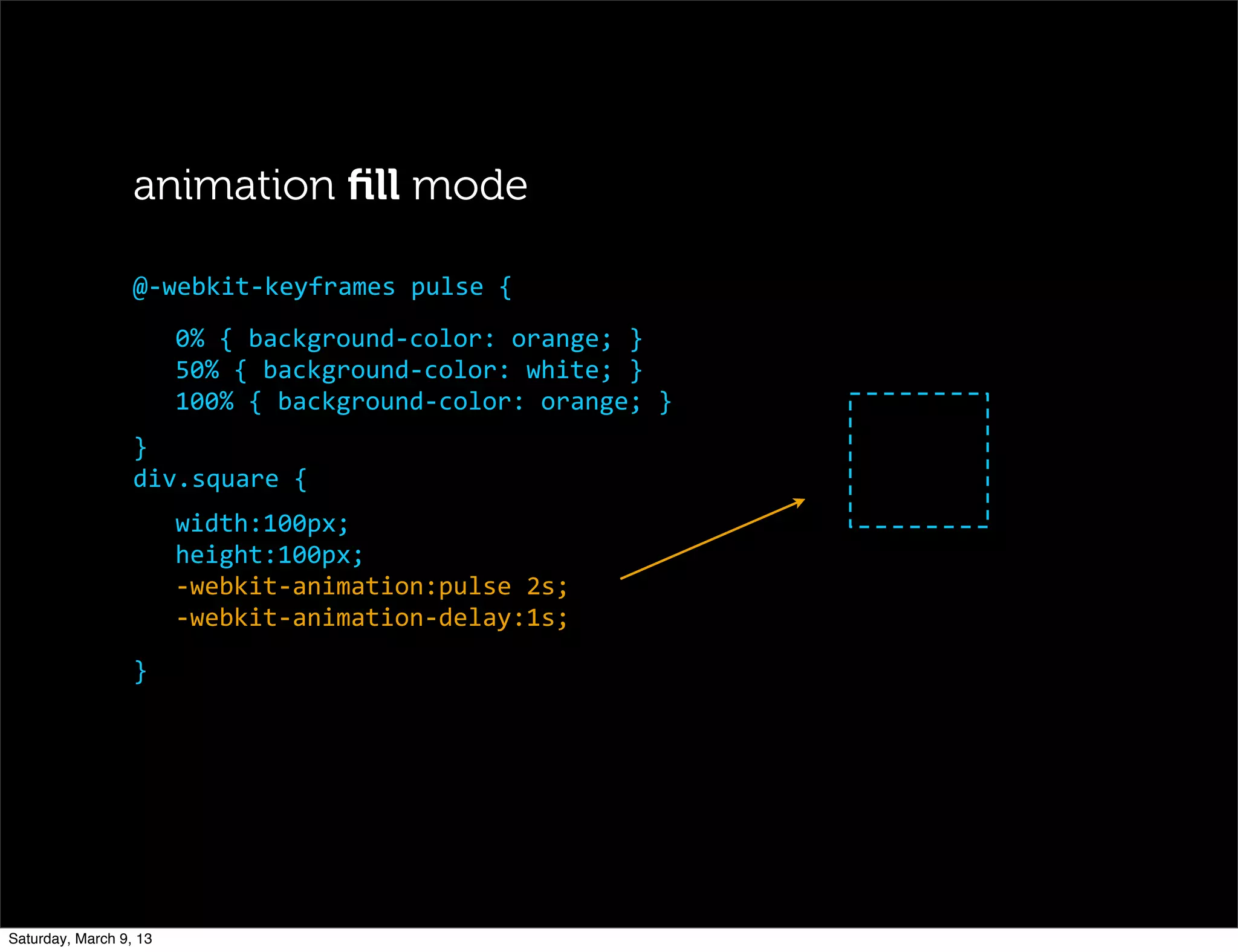 animation ﬁll mode
0%	
  {	
  background-­‐color:	
  orange;	
  }
50%	
  {	
  background-­‐color:	
  white;	
  }
100%	
  {	
  background-­‐color:	
  orange;	
  }
}
div.square	
  {
width:100px;
height:100px;
-­‐webkit-­‐animation:pulse	
  2s;
-­‐webkit-­‐animation-­‐delay:1s;
}
@-­‐webkit-­‐keyframes	
  pulse	
  {
Saturday, March 9, 13
 