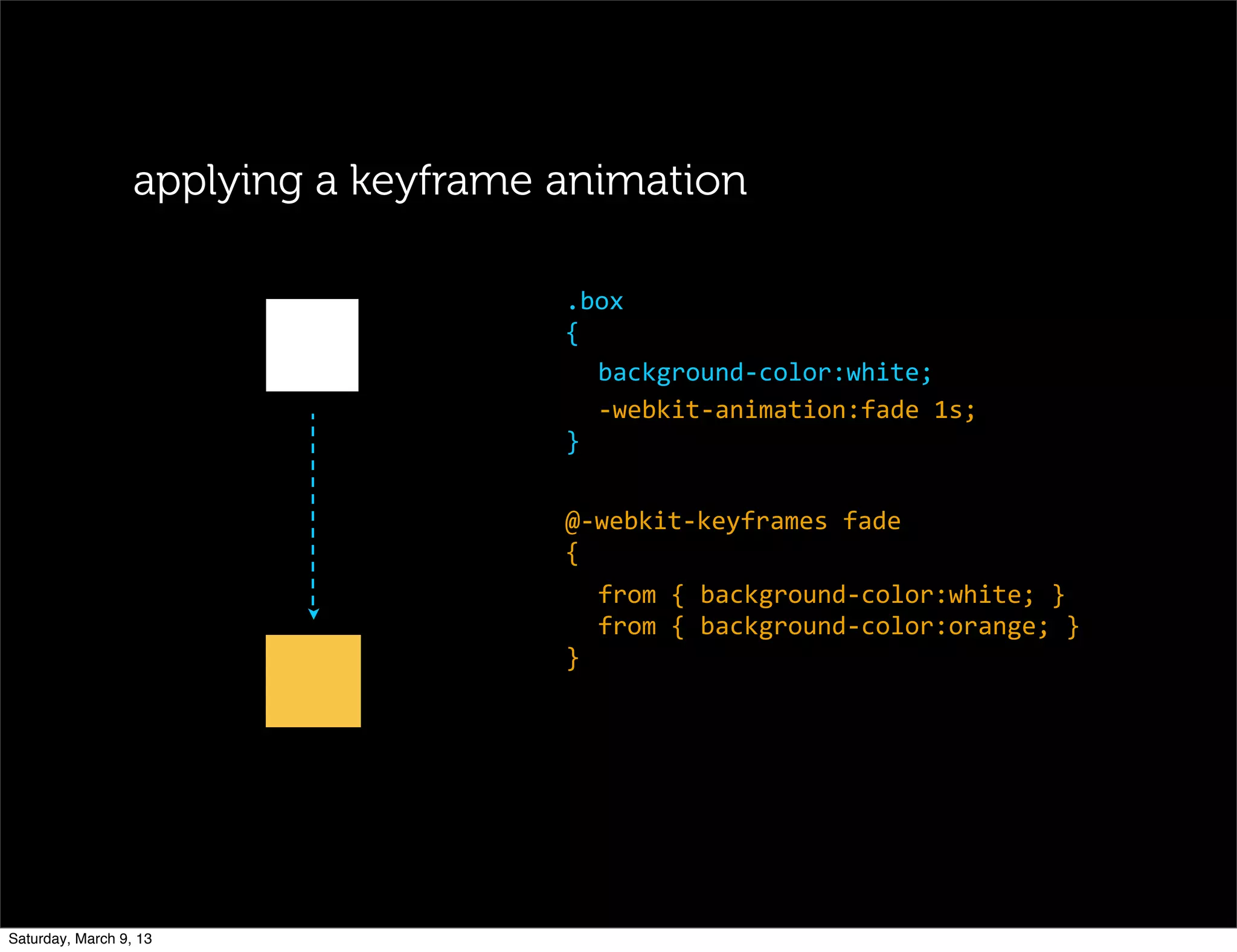 .box
{
background-­‐color:white;
-­‐webkit-­‐animation:fade	
  1s;
}
@-­‐webkit-­‐keyframes	
  fade
{
from	
  {	
  background-­‐color:white;	
  }
from	
  {	
  background-­‐color:orange;	
  }
}
applying a keyframe animation
Saturday, March 9, 13
 